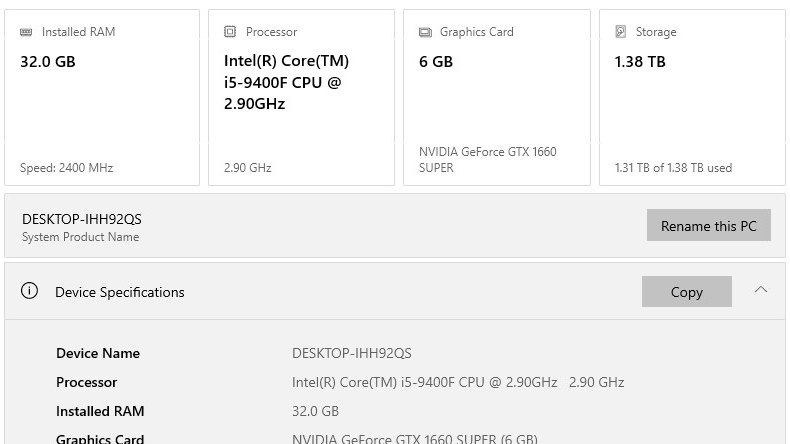 Windows system specifications: 32 GB RAM, Intel Core i5-9400F, NVIDIA GTX 1660 SUPER, 1.38 TB storage