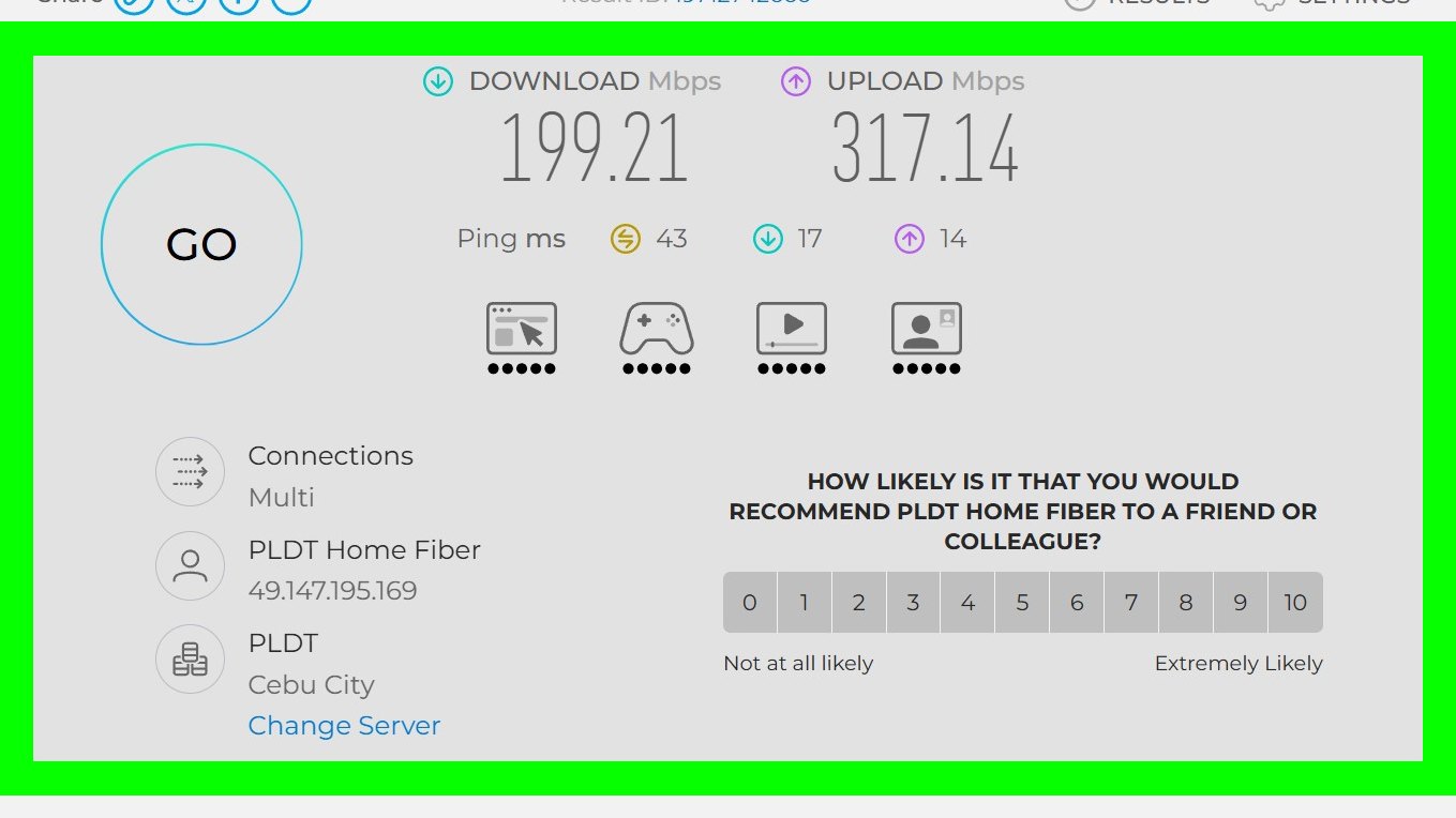 Speedtest result: 199.21 Mbps download, 317.14 Mbps upload, 43 ms ping on PLDT Home Fiber